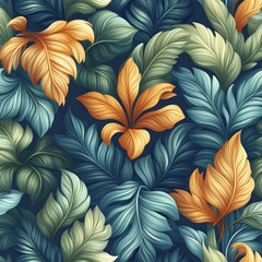 Tropical Leaves Seamless Pattern in Art Nouveau Style with Pastel Colors and Intricate Design