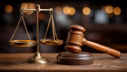 Justice scales and gavel on wooden surface