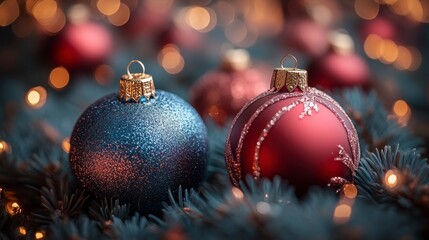 Ornaments on evergreen, soft focus. Festive holiday decoration