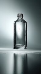 a minimalistic transparent glass bottle, floating in a pure white infinite background, elegant lighting, clean product photography, high-end industrial aesthetic, cinematic shadow.