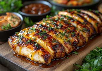 Grilled Chicken Breast with Glaze and Herbs on Wooden Board Surrounded by Sauces and Fresh Greens