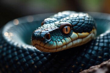 Obraz premium Snake's scale glistens with dew, revealing piercing eyes , closeup, blue viper snake face, close-up photography