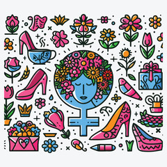 Mother's day icons set, female shoe flowers head world stock illustration