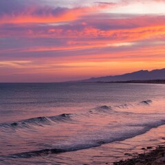 Obraz premium Serene Sunset over the Ocean Pink and Purple Sky, Gentle Waves