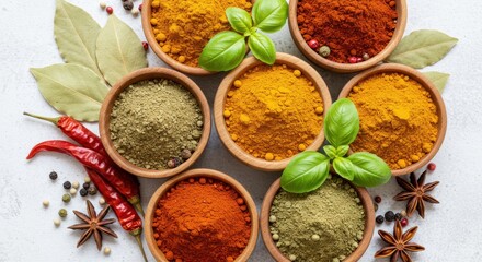 Aromatic spices in wooden bowls with fresh basil and mixed ingredients on white background display