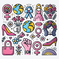 Mother's day icons set, female shoe flowers head world stock illustration