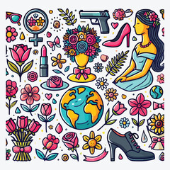 Mother's day icons set, female shoe flowers head world stock illustration