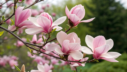 twig with blooming pink magnolia flowers close up over blue background, beautiful pink magnolia flowers blooming in the garden

