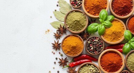 Fototapeta premium Variety of spices arranged in wooden bowls with herbs and star anise on a light background scene