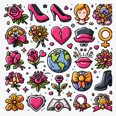 Mother's day icons set, female shoe flowers head world stock illustration