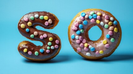 Two donuts shaped as the letters "S" and "O". One donut is chocolate iced with colorful sprinkles, the other is pink iced with colorful sprinkles.