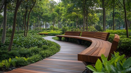 Obraz premium wooden curved benches placed in a green park surrounded by trees grass and plants ideal for resting enjoying fresh air and eco friendly landscape design