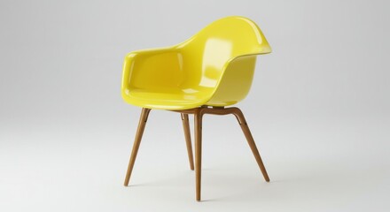 Bright yellow plastic chair with wooden legs on neutral white background modern design view
