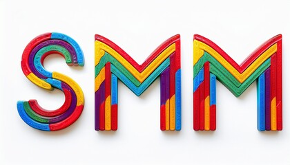 Colorful letters spelling "SMM" in a playful design, showcasing vibrant patterns and a cheerful aesthetic.