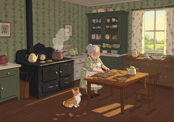 Grandma baking cookies in a cozy vintage kitchen with her dog