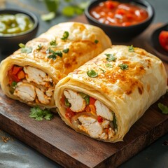 Barbecue chicken empanadas with guacamole and salsas on a wooden table