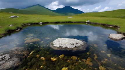 Naklejka premium Tranquil mountain pool reflecting a dramatic sky. Crystal-clear alpine water mirrors the clouds and peaks above, nestled in a grassy valley. Large rocks rim the still pond,