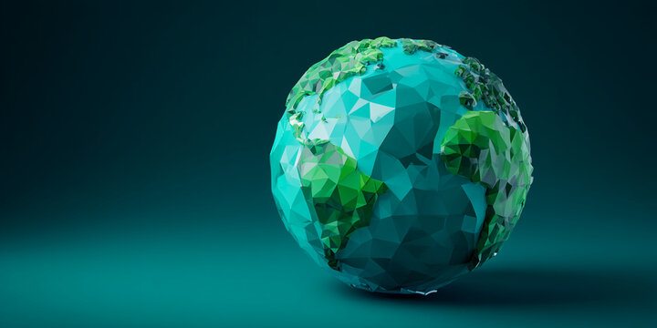 Low-poly teal globe with green landmasses, showcasing environmental themes, ideal for sustainability or eco-friendly projects,  background or banner