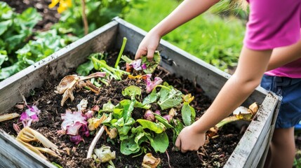 Fototapeta premium Sustainable Composting of Food Scraps in a Garden Compost Bin