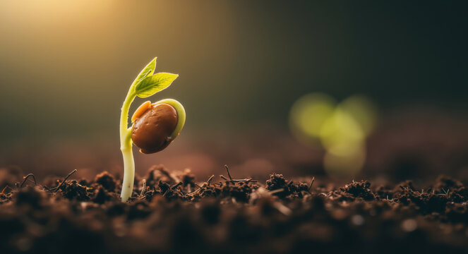Bean sprout with first leaves growing from seed in soil under golden light. Growth and development concept for agriculture and environmental campaigns
