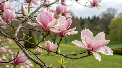 Fototapeta premium twig with blooming pink magnolia flowers close up over blue background, beautiful pink magnolia flowers blooming in the garden 
