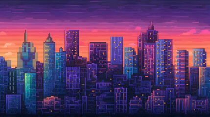 Fototapeta premium Purple and Orange Sunset Over a Pixel Art Cityscape Featuring Urban Architecture With Modern Buildings and Evening Atmosphere
