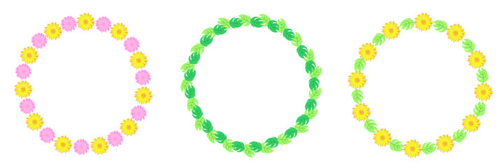 Set of three frames with floral elements. Delicate spring colors. Round floral frame consisting of green stems and flower buds. Icons are isolated on white background.