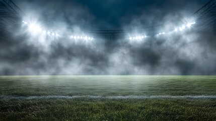 Night Scene of an Empty Soccer Stadium with Floodlights and Fog