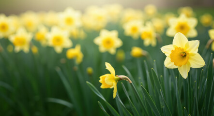 Daffodil flowers blooming in spring garden with soft background. Spring awakening concept for seasonal celebration and garden events