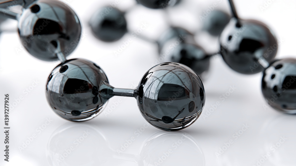 Poster close-up of dark grey glossy spheres connected by thin rods, creating a molecular structure, showcas