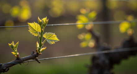 Young grape vine sprouting fresh leaves on wire trellis. Spring growth concept for vineyard development and wine production industry