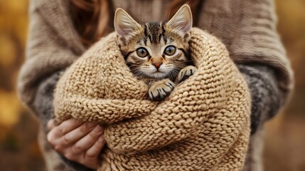Cozy Kitten Wrapped in Warm Blanket for Adoption and Care