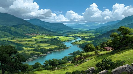 Obraz premium Serene valley landscape; river meanders through green fields, nestled between mountains under a bright sky
