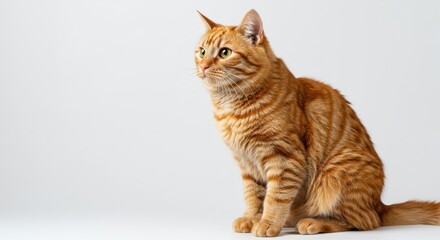 Obraz premium Ginger tabby cat sitting attentively with a white background looking to the side with wide eyes