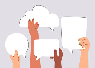 Group of people holding speech bubbles. Multicultural, diverse human hands sharing and exchanging opinions, ideas and information, voting. Trendy vector banner  illustration isolated on background.
