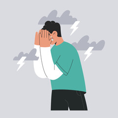 Depressed man crying under dark clouds, sad person in bad mood covers his face with hands, psychological disorder and mental health problem concept. Loneliness and depression, flat vector illustration