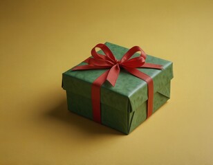 Green gift present on yellow flat background