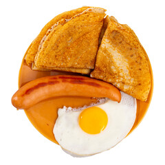 Wide angle village food on plate. Homemade sausage from minced chicken meat, fried egg and pancakes...