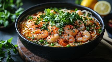 bowl of noodles with seafood, vibrant green herbs, and spicy broth creates delicious and aromatic dish. shrimp and fresh cilantro add burst of flavor