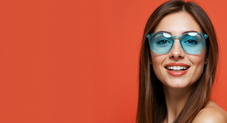 Smiling woman with blue glasses against red background. Happy portrait with straight brown hair and bright smile. Beauty concept for eyewear advertising and vision correction promotion