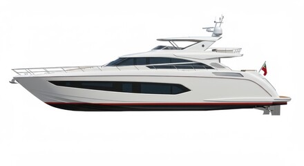 Luxury white yacht with sleek design and modern features docked isolated on a white background