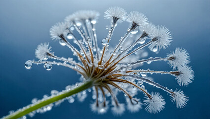 Cool frozen freezer snowflake dandelion flower seed close-up with dew drop, white and blue background.