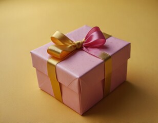 Pink gift present on yellow flat background 