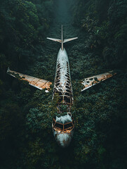 Obraz premium Aerial view of an abandoned decaying airplane reclaimed by lush green vegetation lost within a dense and mysterious forest.