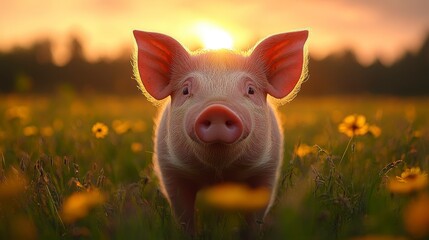 Fototapeta premium Piglet stands in a flower-filled field bathed in warm sunset light