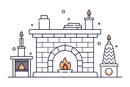 fireplace with candles and fire, line art clip art preview