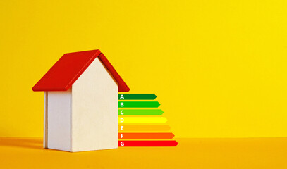 Energy efficiency rating chart on a wooden house. Calculating energy efficient house consumption and efficiency. Empty space for text