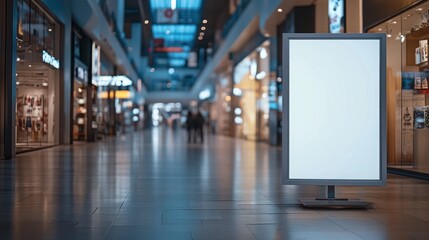Empty Advertising Display in Modern Shopping Mall with Shiny Floor and Bright Ambient Lighting