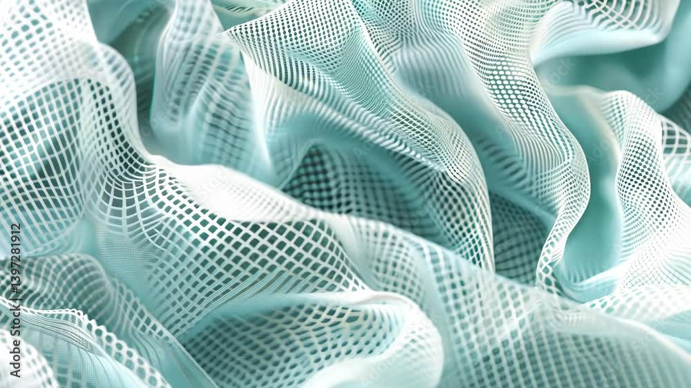 Poster soft blue and white fabric texture reveals intricate mesh patterns that create a gentle visual flow 