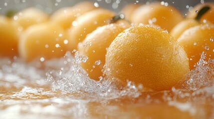 Oranges being splashed with water. Close-up of the citrus fruit surface with water droplets